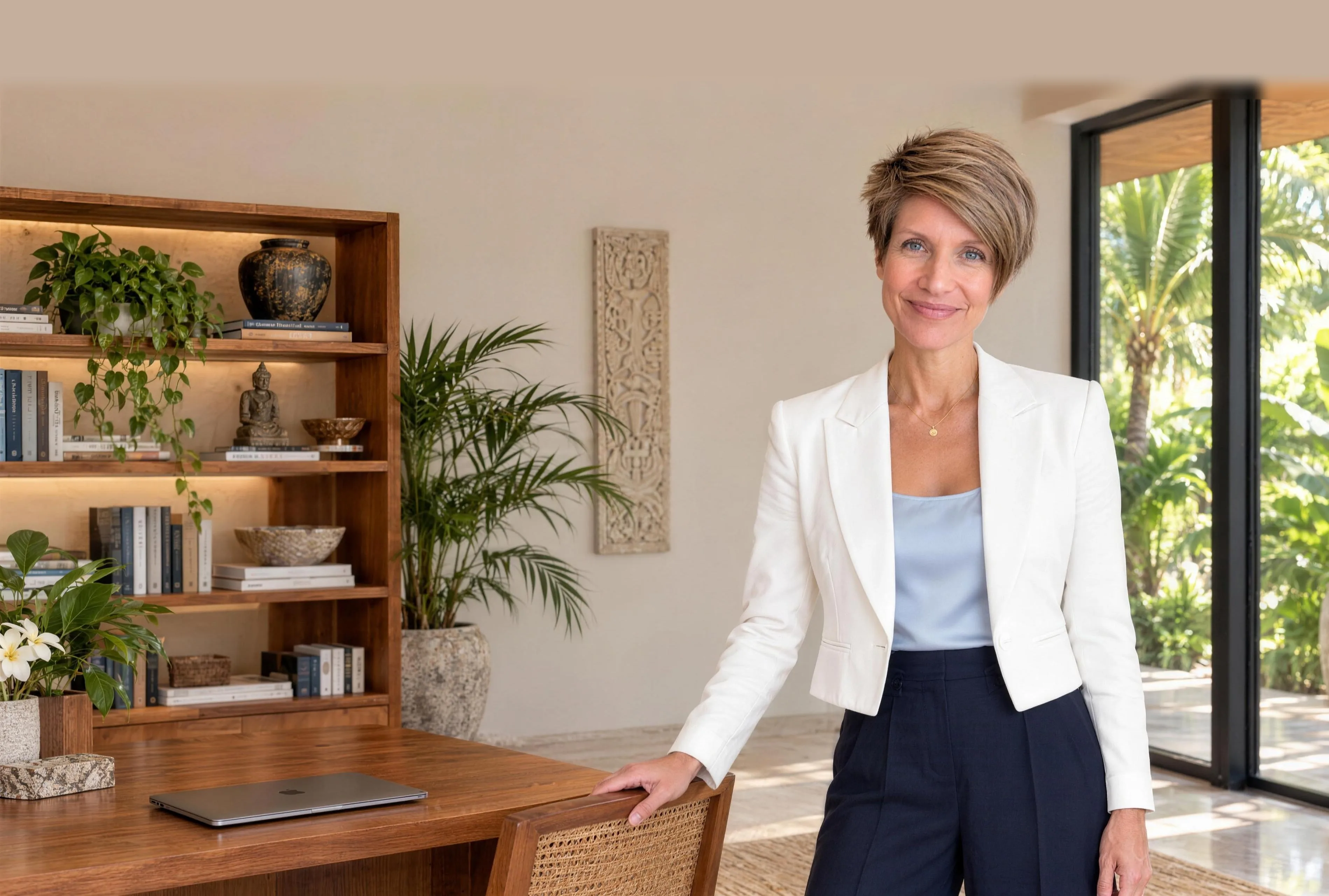 Anji Hallewell, career coach for senior leaders in Singapore, in her villa study