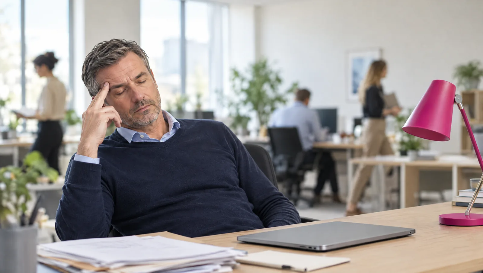 A senior professional pauses at his desk mid-afternoon with his eyes closed, worn down, recovering from burnout while still working