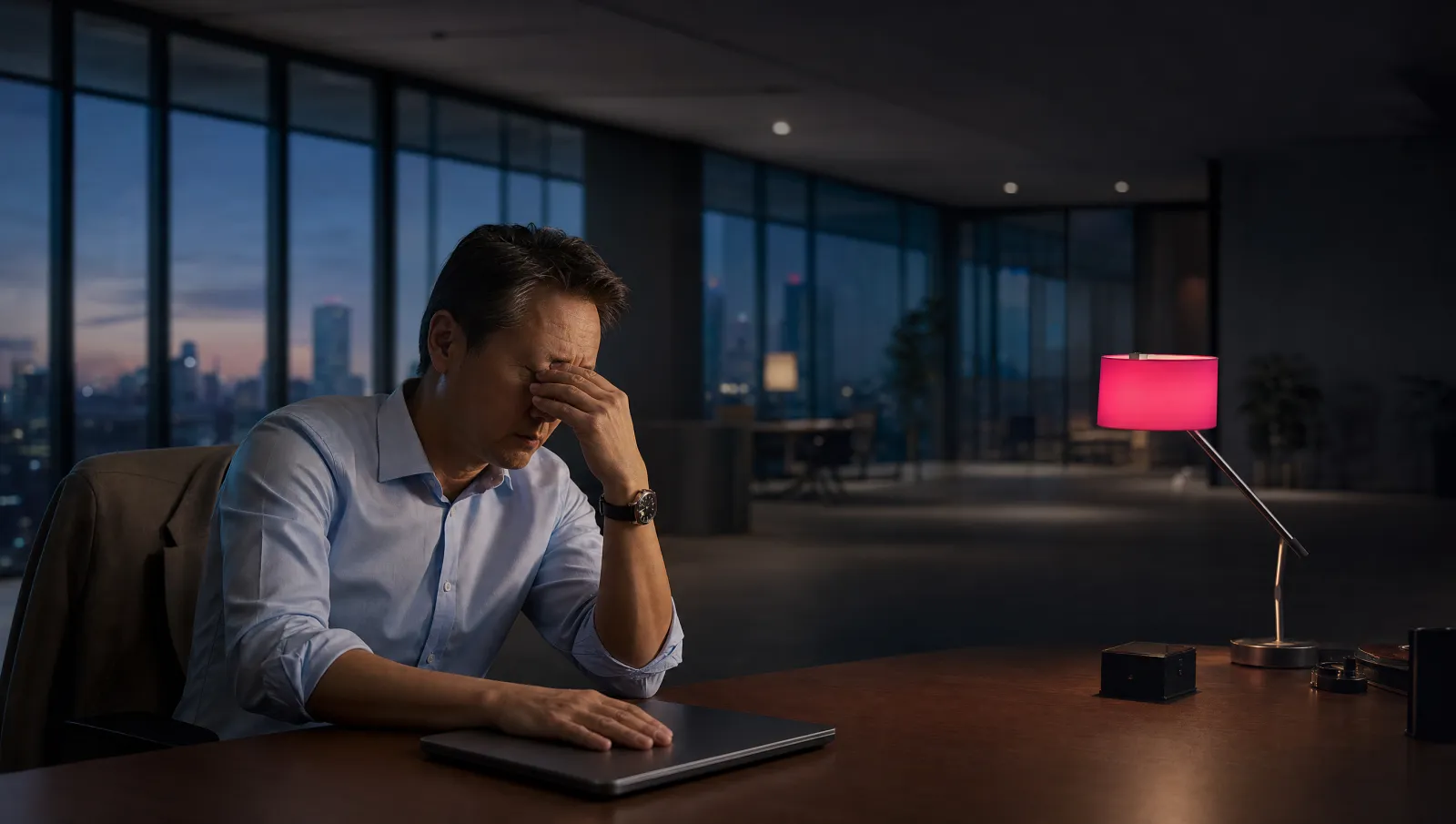 A senior professional sits alone at his desk late in the evening, one hand over his eyes and a closed laptop under the other, the office dark and empty behind him.