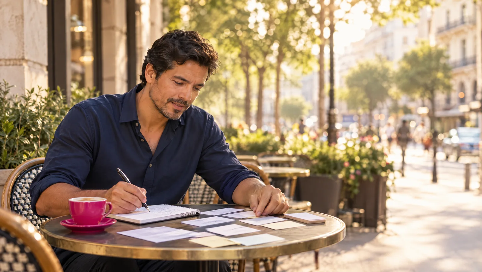 A man in his forties works through handwritten notes and index cards on a cafe terrace, planning a career change at 40