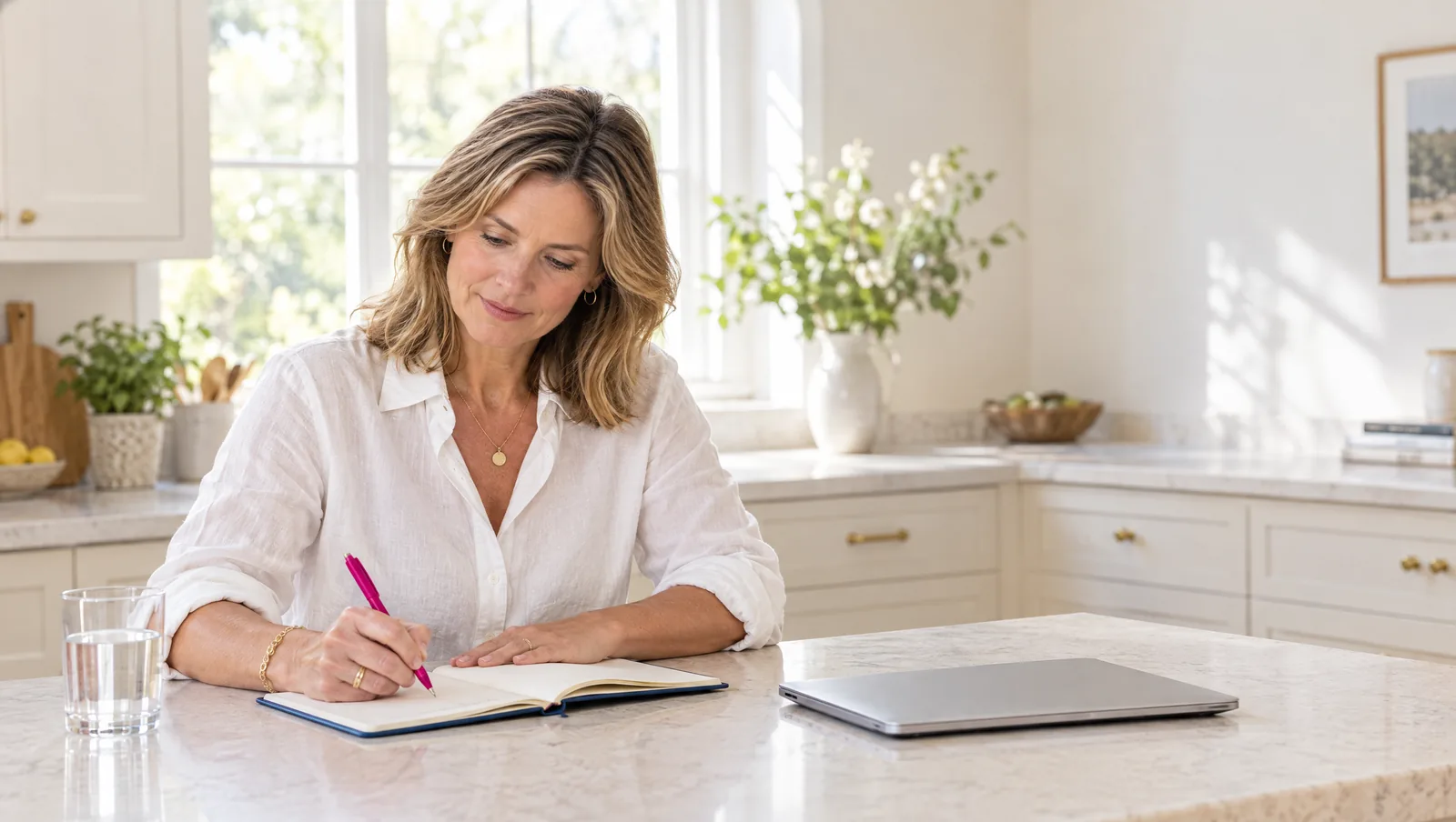 A woman around 50 starts writing her career change plan at her kitchen island in morning light