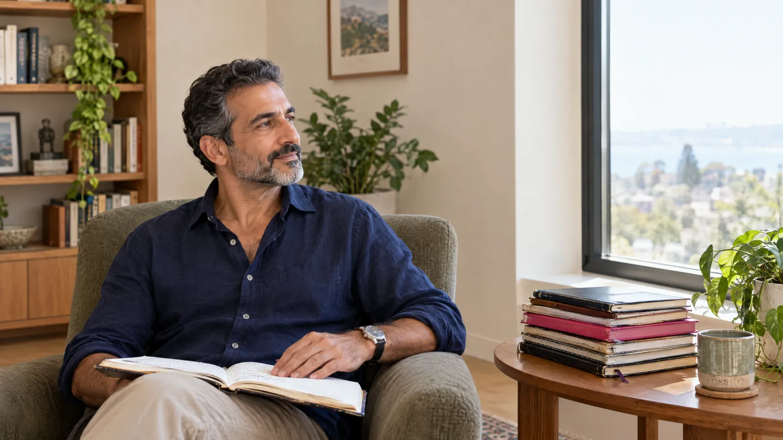 A man in his fifties pauses over his old work notebooks by the window, finding his purpose in the second half of his career.