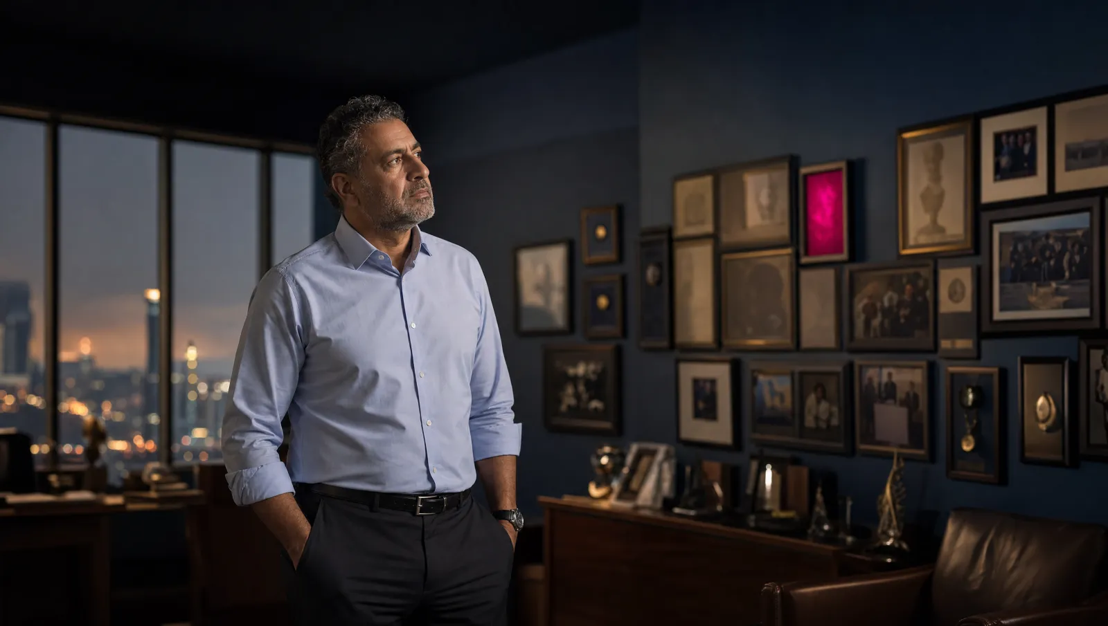 A senior professional stands in his office at dusk, weighing a wall of framed awards and certificates from twenty years of his career.