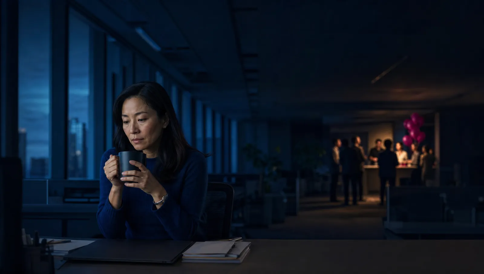 A woman holds her mug at her desk in a darkened office at dusk, eyes down, while a colleague's farewell gathering carries on behind her.