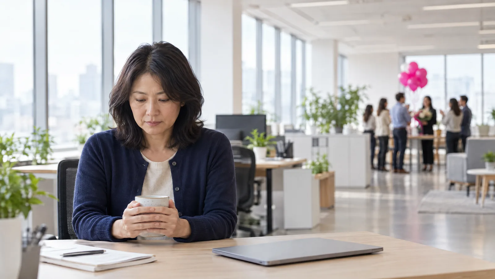 A woman stays at her desk with her mug while colleagues celebrate someone leaving, the quiet cost of job hugging