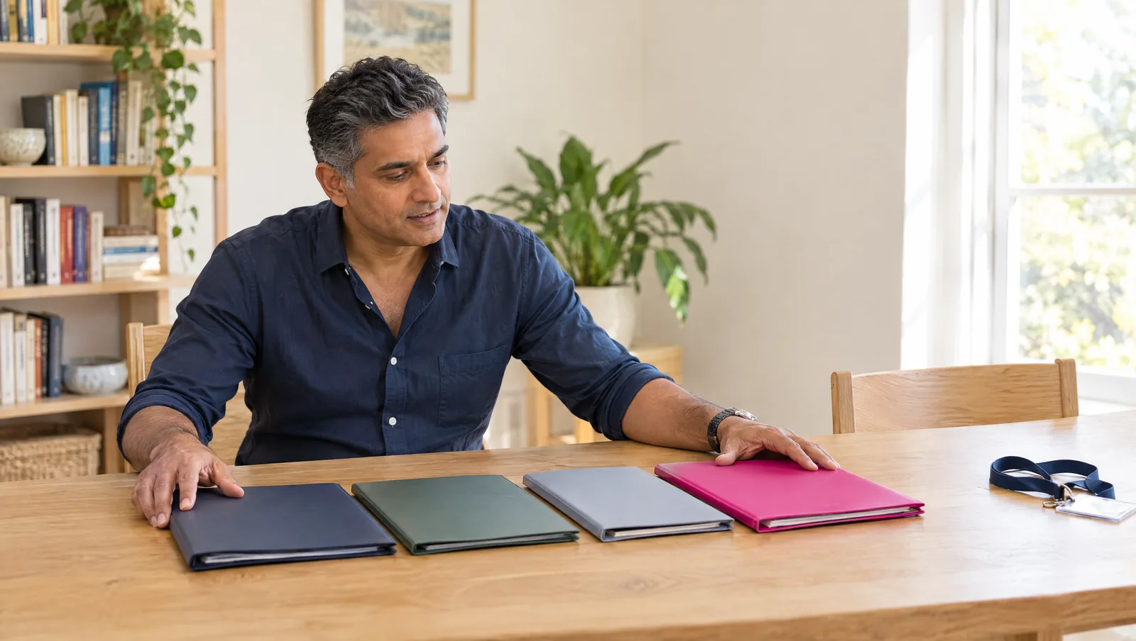 A senior professional lays out folders for board, advisory and teaching work at home, planning a portfolio career, his corporate lanyard set aside