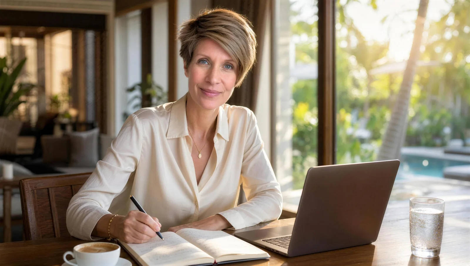 Anji Hallewell working at her desk in her villa in Phuket, morning light through the open terrace doors behind her