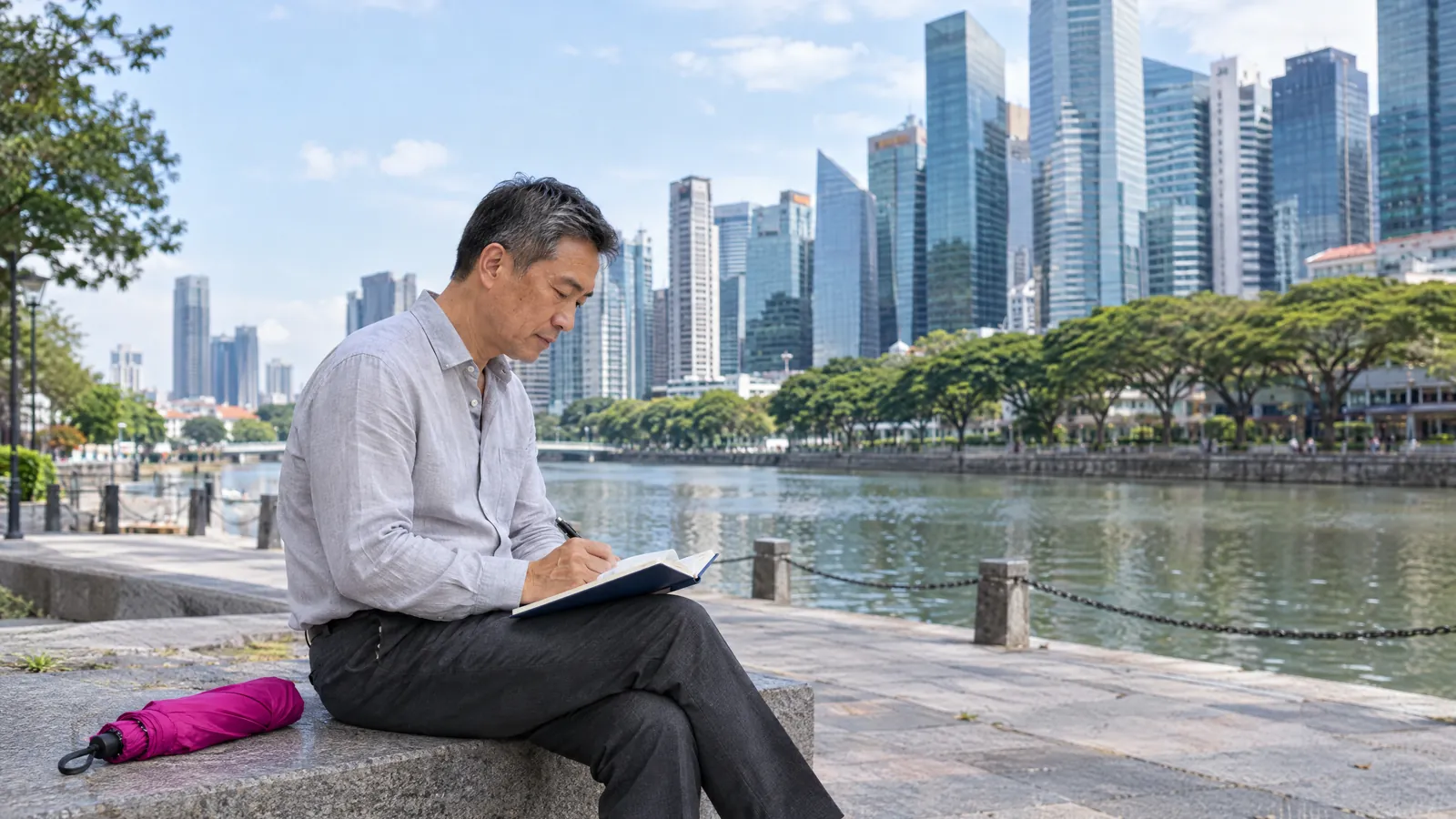 A Singaporean professional in his fifties sits by the Singapore River at Raffles Place, writing his next-step plan in a notebook after being retrenched