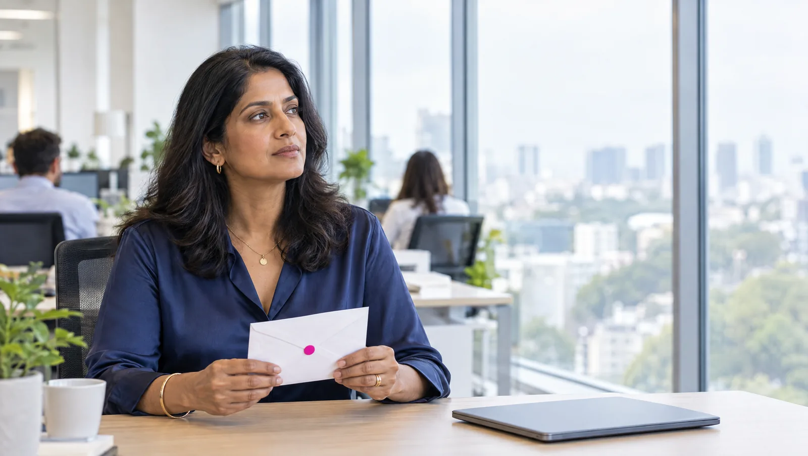 A woman at her desk holds a sealed envelope, deciding whether to quit her job
