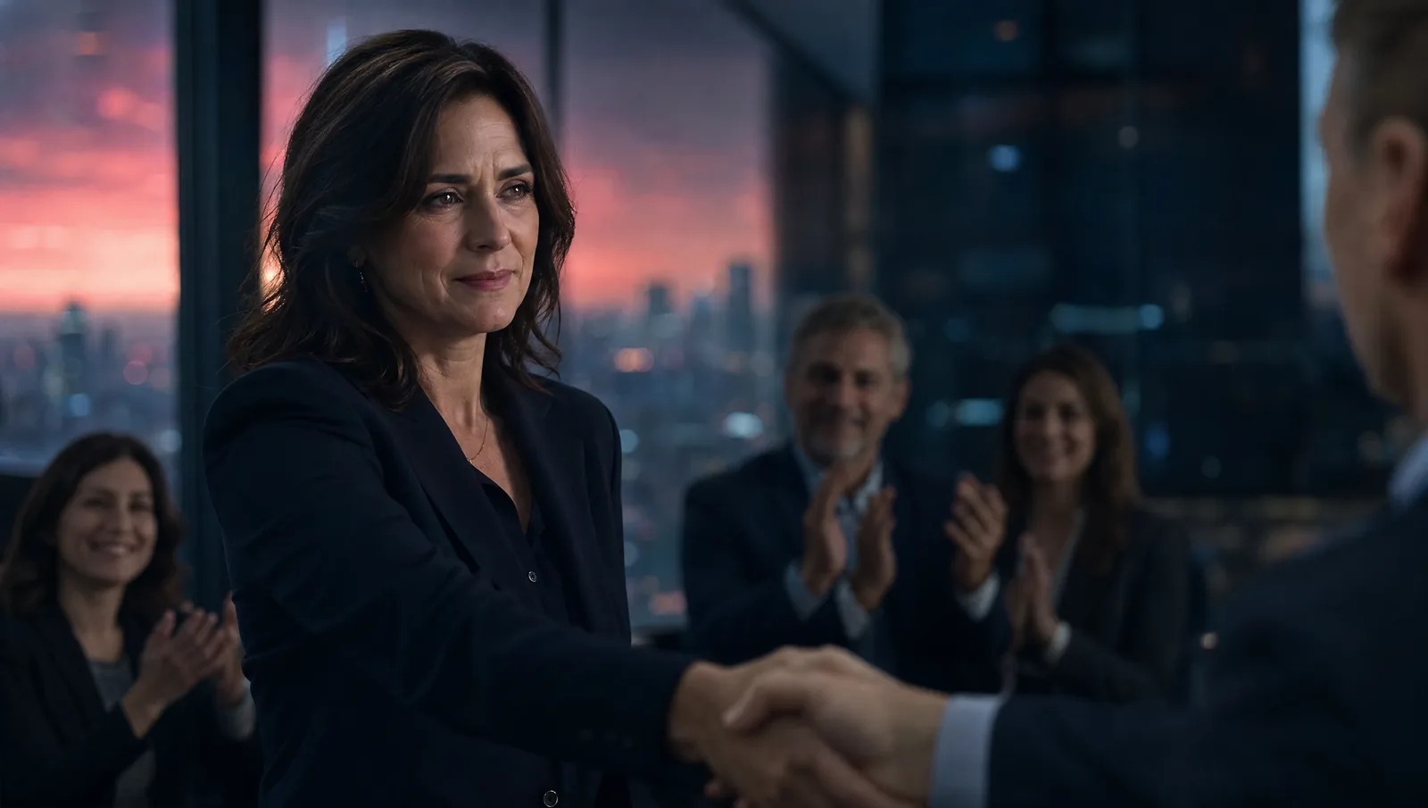 Colleagues congratulate a woman in a glass meeting room at dusk; her polite smile does not reach her eyes