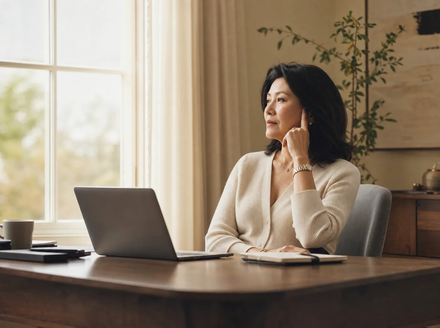 A professional woman paused at her home desk, looking away from her laptop, deep in thought