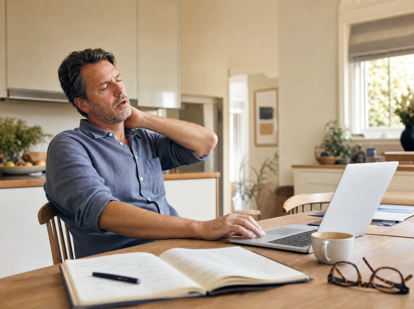 A professional man leaning back from his laptop at the kitchen table, tired of searching
