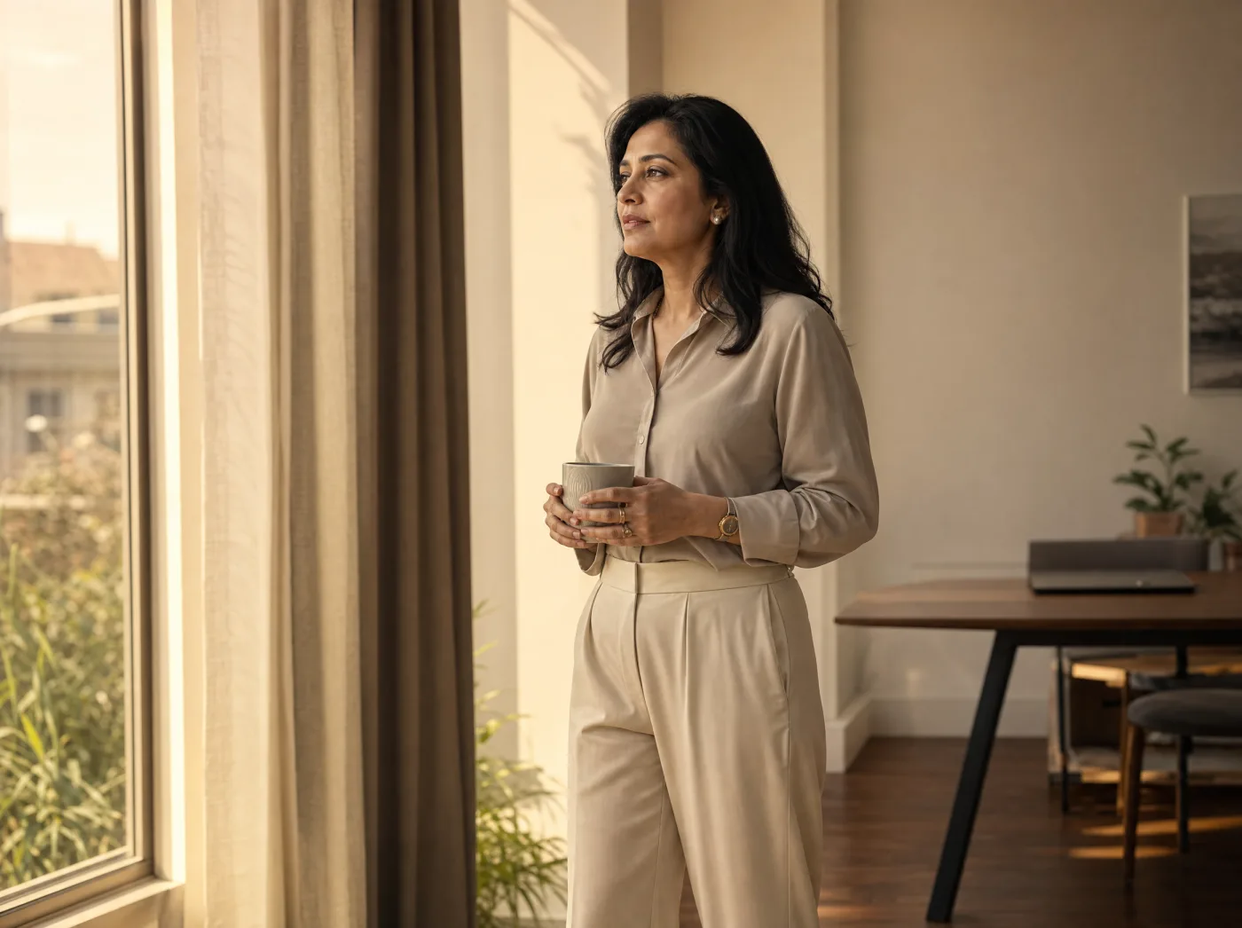 A professional woman standing at a window with coffee, weighing up a decision